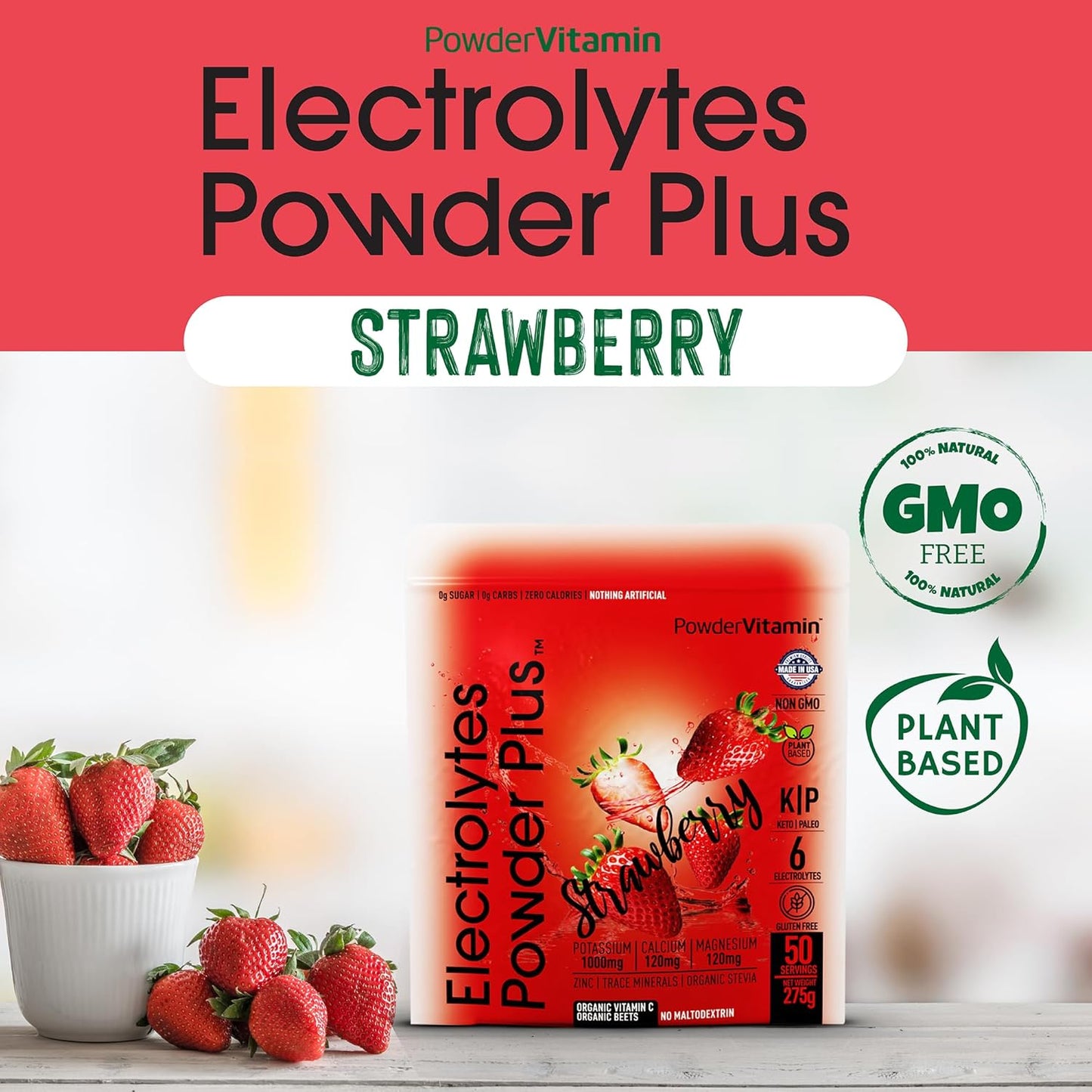 Strawberry Keto Electrolyte Powder with Organic Vitamin C - Zero Sugar, 1000mg Potassium, 120mg Calcium, 120mg Magnesium - 50 Servings