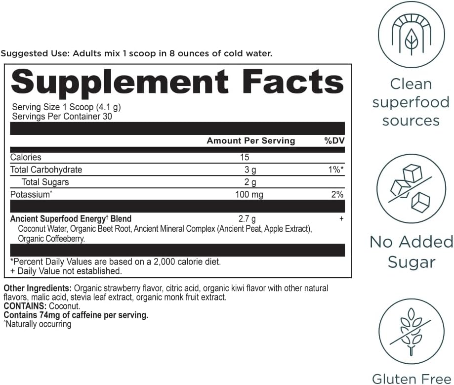 Strawberry Kiwi Clean Energy Powder for Mental Focus, Cognitive Health, 30 Servings