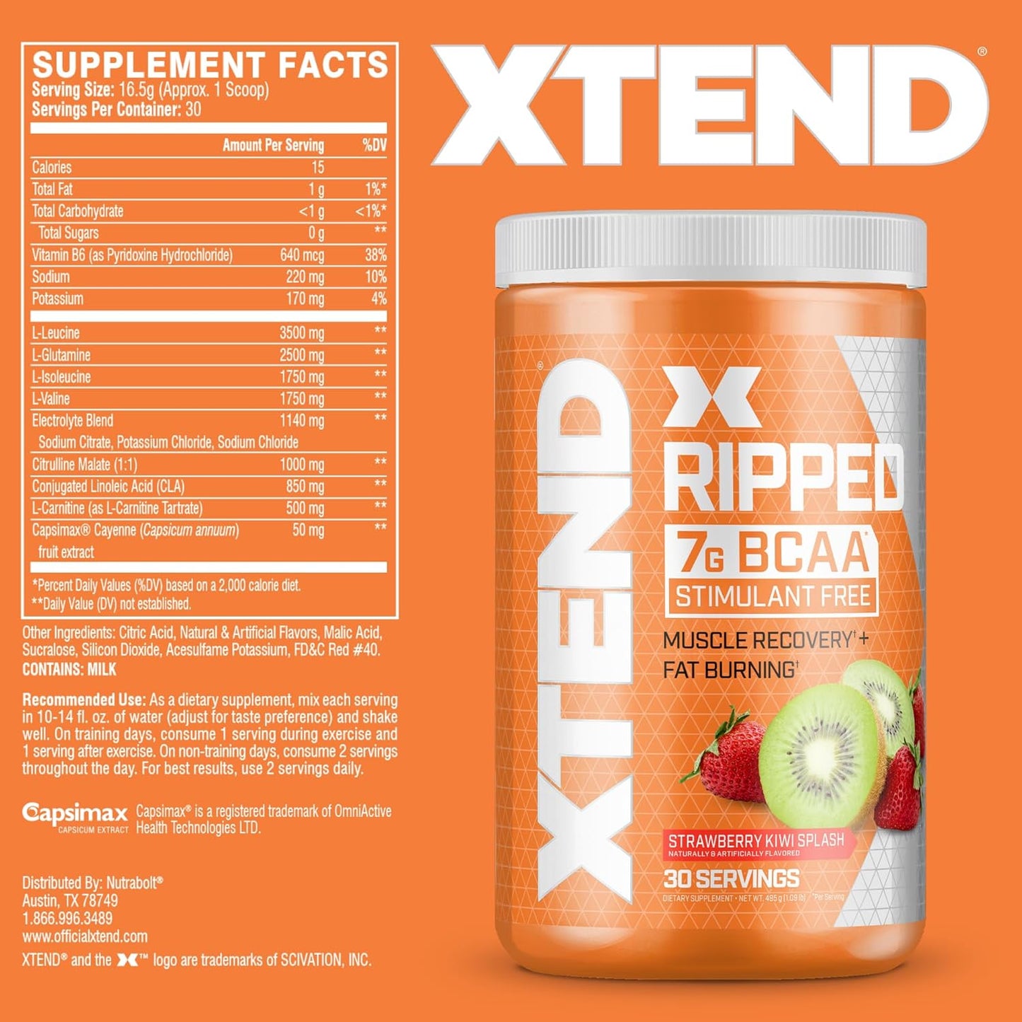 Strawberry Kiwi XTEND Ripped BCAA Powder - Sugar Free Post Workout Recovery Drink with 7g BCAAs - Cutting Formula for Men & Women - 30 Servings