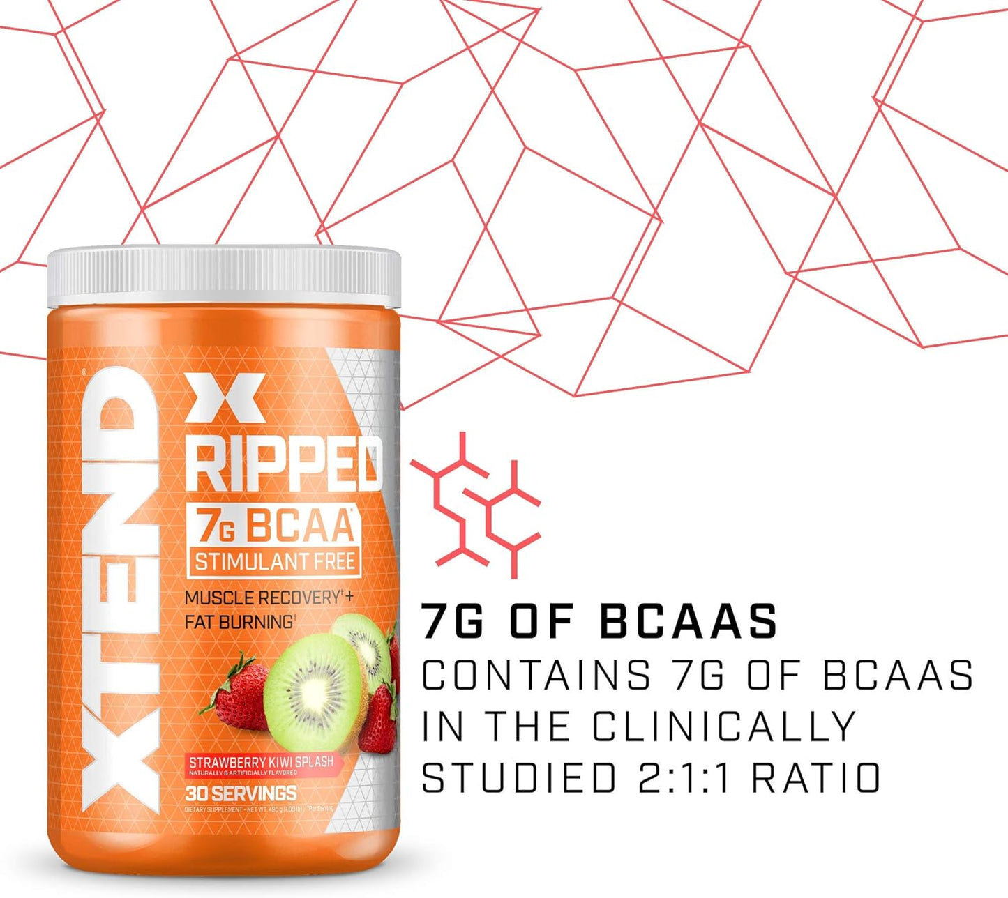 Strawberry Kiwi XTEND Ripped BCAA Powder - Sugar Free Post Workout Recovery Drink with 7g BCAAs - Cutting Formula for Men & Women - 30 Servings