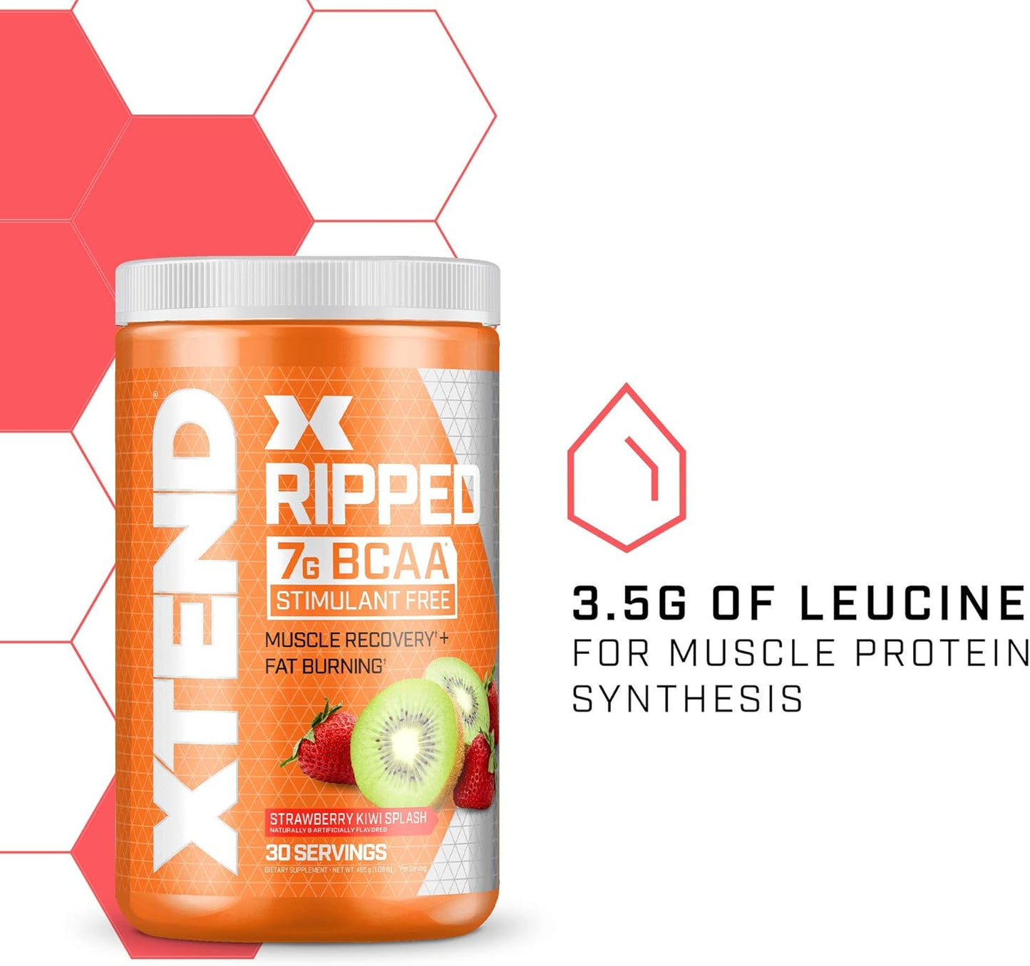 Strawberry Kiwi XTEND Ripped BCAA Powder - Sugar Free Post Workout Recovery Drink with 7g BCAAs - Cutting Formula for Men & Women - 30 Servings