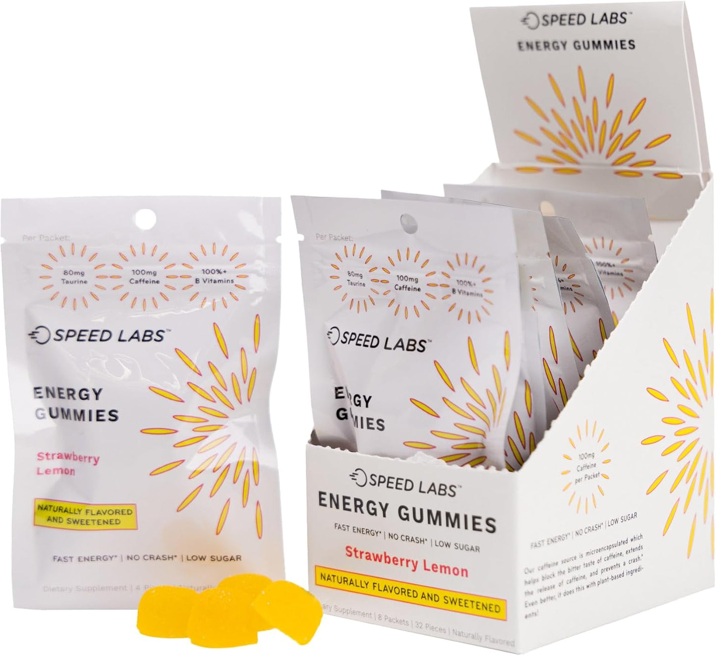 Strawberry Lemon Speed Labs Caffeine Energy Gummies - 25mg Caffeine, Taurine, B-Vitamins - Vegan, Gluten Free - 32 Pieces (8 Packs)