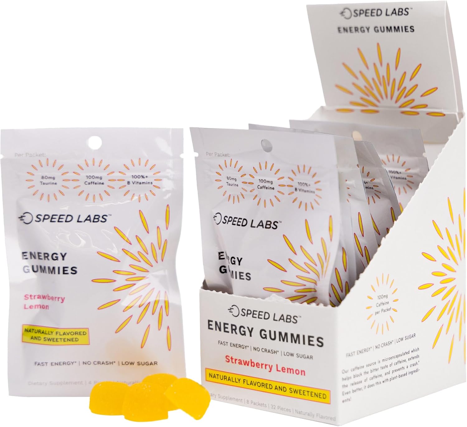 Strawberry Lemon Speed Labs Caffeine Energy Gummies - 25mg Caffeine, Taurine, B-Vitamins - Vegan, Gluten Free - 32 Pieces (8 Packs)