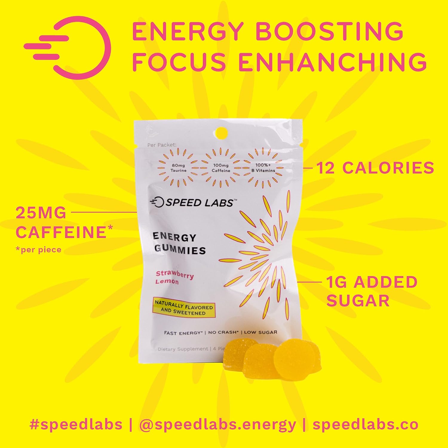Strawberry Lemon Speed Labs Caffeine Energy Gummies - 25mg Caffeine, Taurine, B-Vitamins - Vegan, Gluten Free - 32 Pieces (8 Packs)
