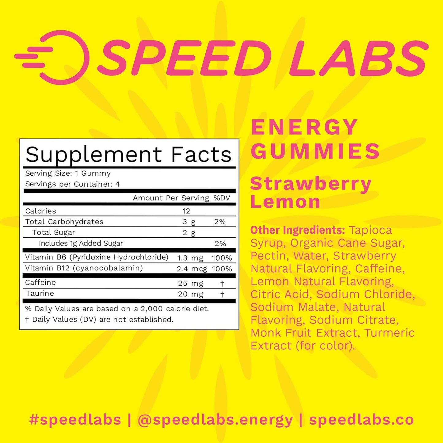 Strawberry Lemon Speed Labs Caffeine Energy Gummies - 25mg Caffeine, Taurine, B-Vitamins - Vegan, Gluten Free - 32 Pieces (8 Packs)