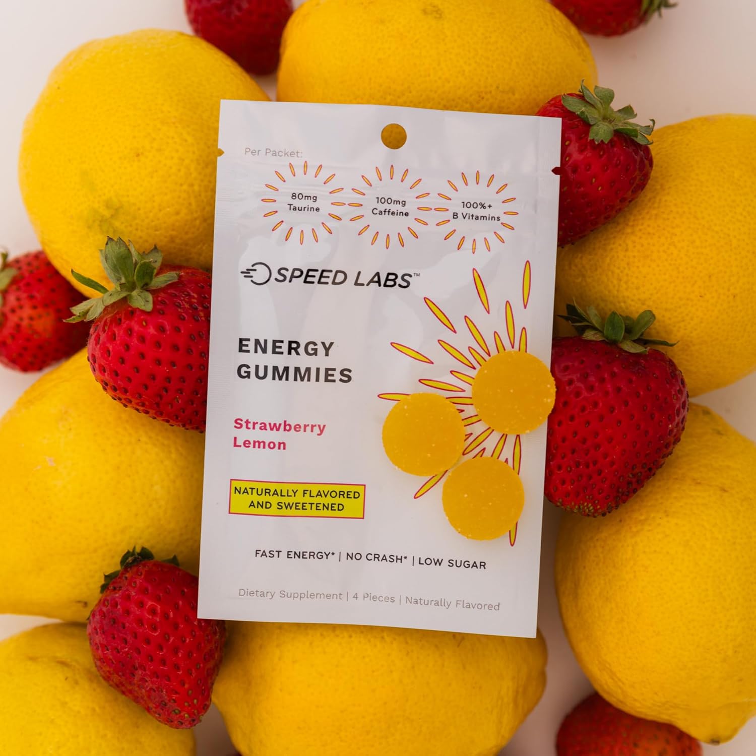 Strawberry Lemon Speed Labs Caffeine Energy Gummies - 25mg Caffeine, Taurine, B-Vitamins - Vegan, Gluten Free - 32 Pieces (8 Packs)