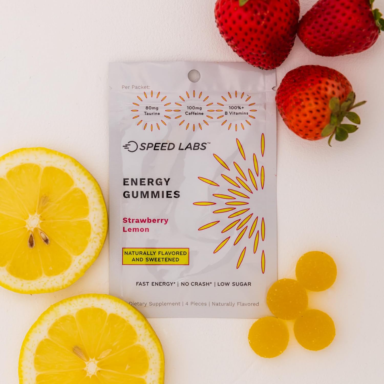 Strawberry Lemon Speed Labs Caffeine Energy Gummies - 25mg Caffeine, Taurine, B-Vitamins - Vegan, Gluten Free - 32 Pieces (8 Packs)