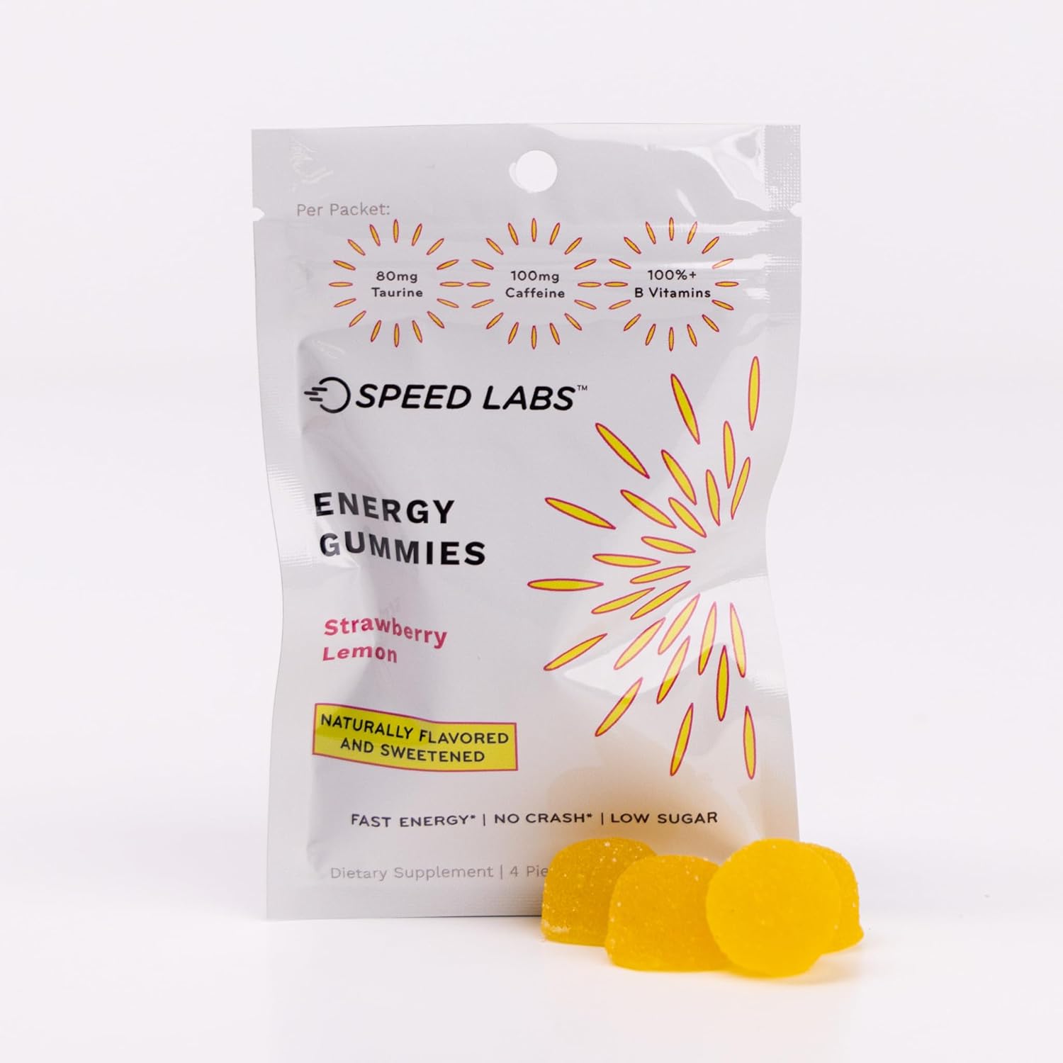 Strawberry Lemon Speed Labs Caffeine Energy Gummies - 25mg Caffeine, Taurine, B-Vitamins - Vegan, Gluten Free - 32 Pieces (8 Packs)