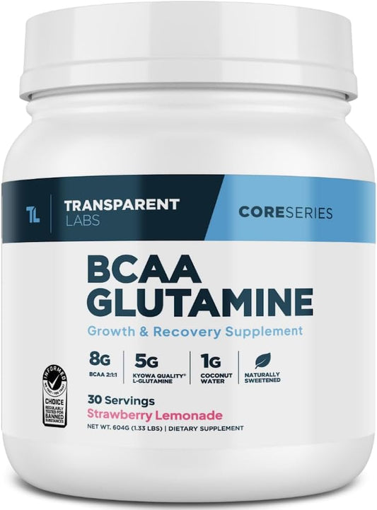 Strawberry Lemonade BCAA Glutamine Powder - 8000 Mg for Post-Workout Recovery & Muscle Growth - 30 Servings