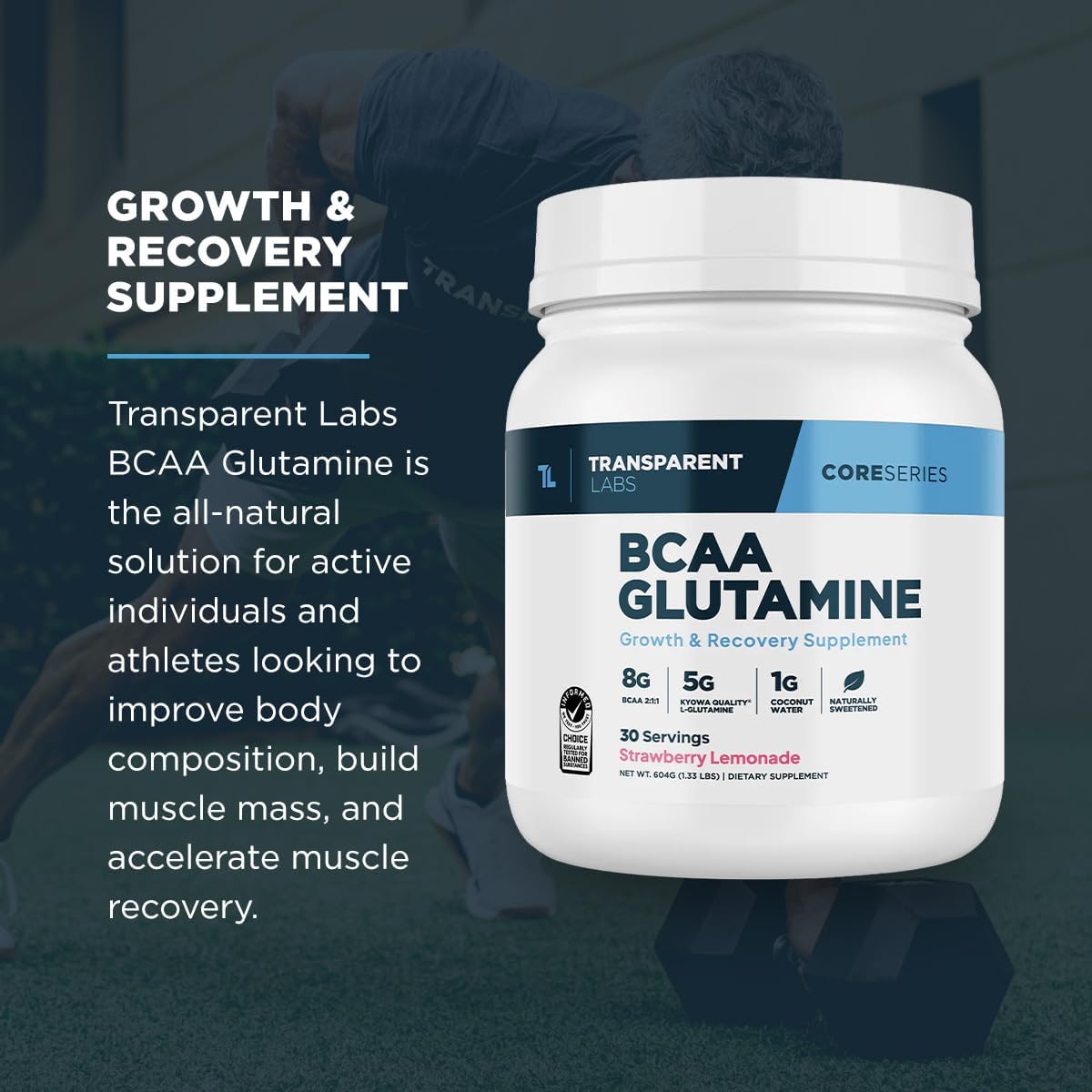 Strawberry Lemonade BCAA Glutamine Powder - 8000 Mg for Post-Workout Recovery & Muscle Growth - 30 Servings