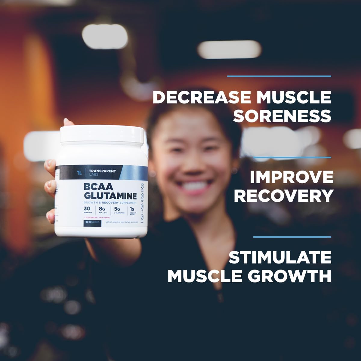 Strawberry Lemonade BCAA Glutamine Powder - 8000 Mg for Post-Workout Recovery & Muscle Growth - 30 Servings