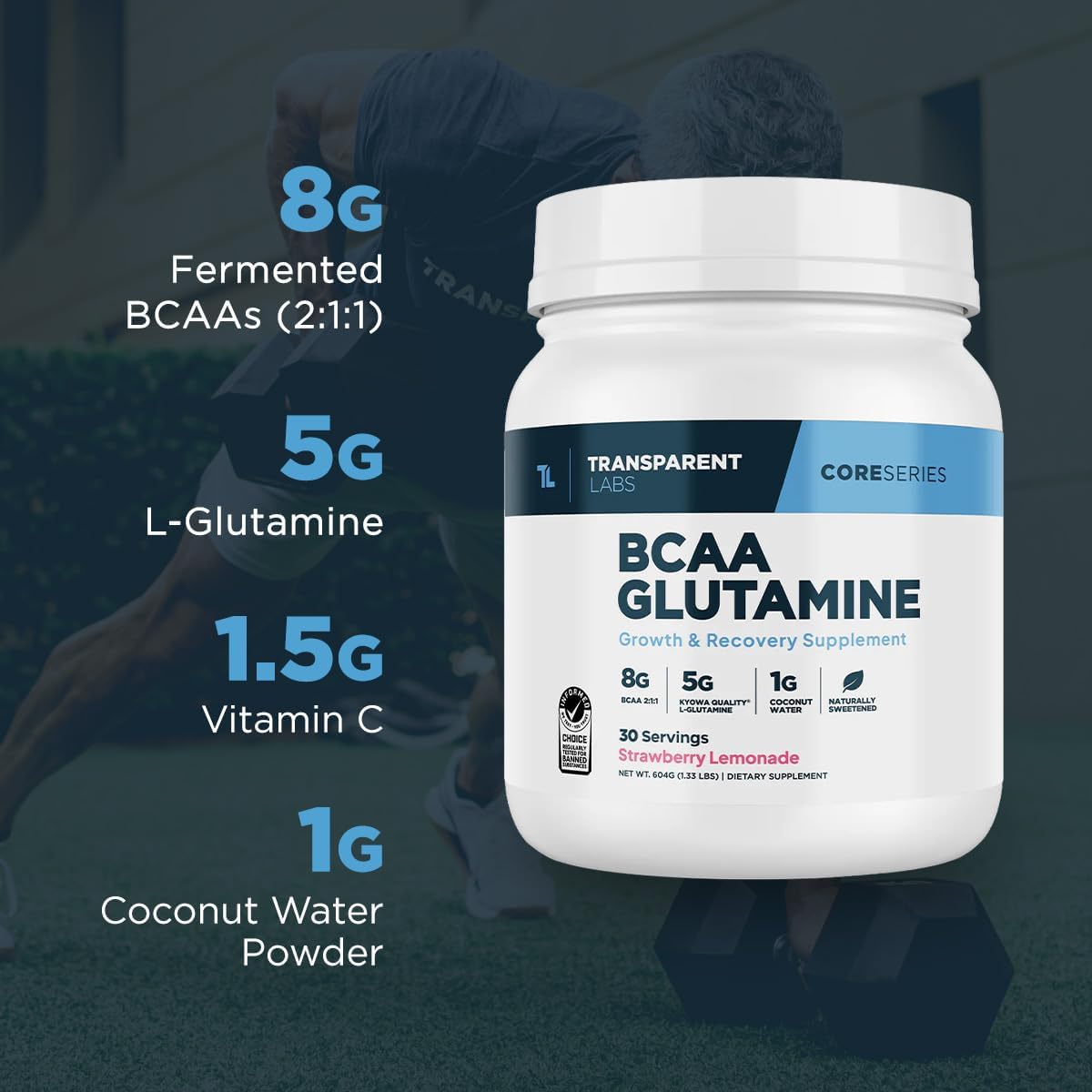 Strawberry Lemonade BCAA Glutamine Powder - 8000 Mg for Post-Workout Recovery & Muscle Growth - 30 Servings