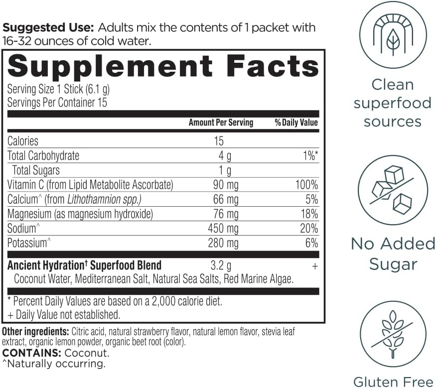 Strawberry Lemonade Hydration Powder with Natural Electrolytes for Rapid Hydration and Cellular Health, 15 Servings