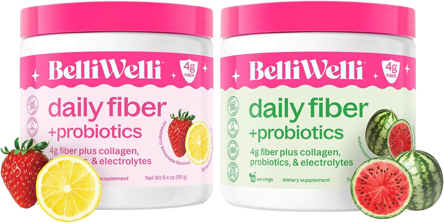 Strawberry Lemonade & Watermelon Fiber Supplement Bundle with Collagen, Probiotics & Electrolytes - 32 Servings for Balanced Wellness