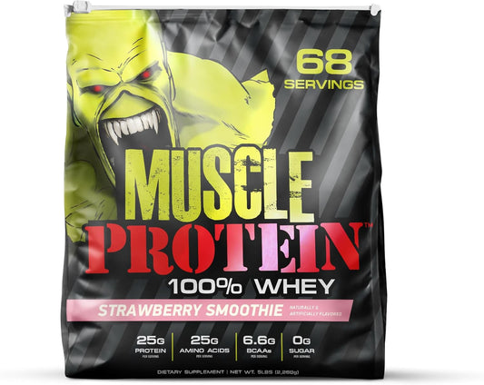 Strawberry Muscle Protein Whey Powder - 5 lbs, Cold Filtered, 25g Protein, 6.6g BCAAs - COLOSSAL LABS