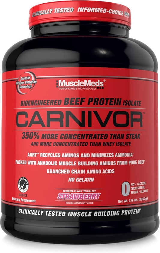 Strawberry MuscleMeds Carnivor Beef Protein Isolate - 3.9lb, Lactose-Free, Sugar-Free, Fat-Free, Halal Certified - 56 Servings
