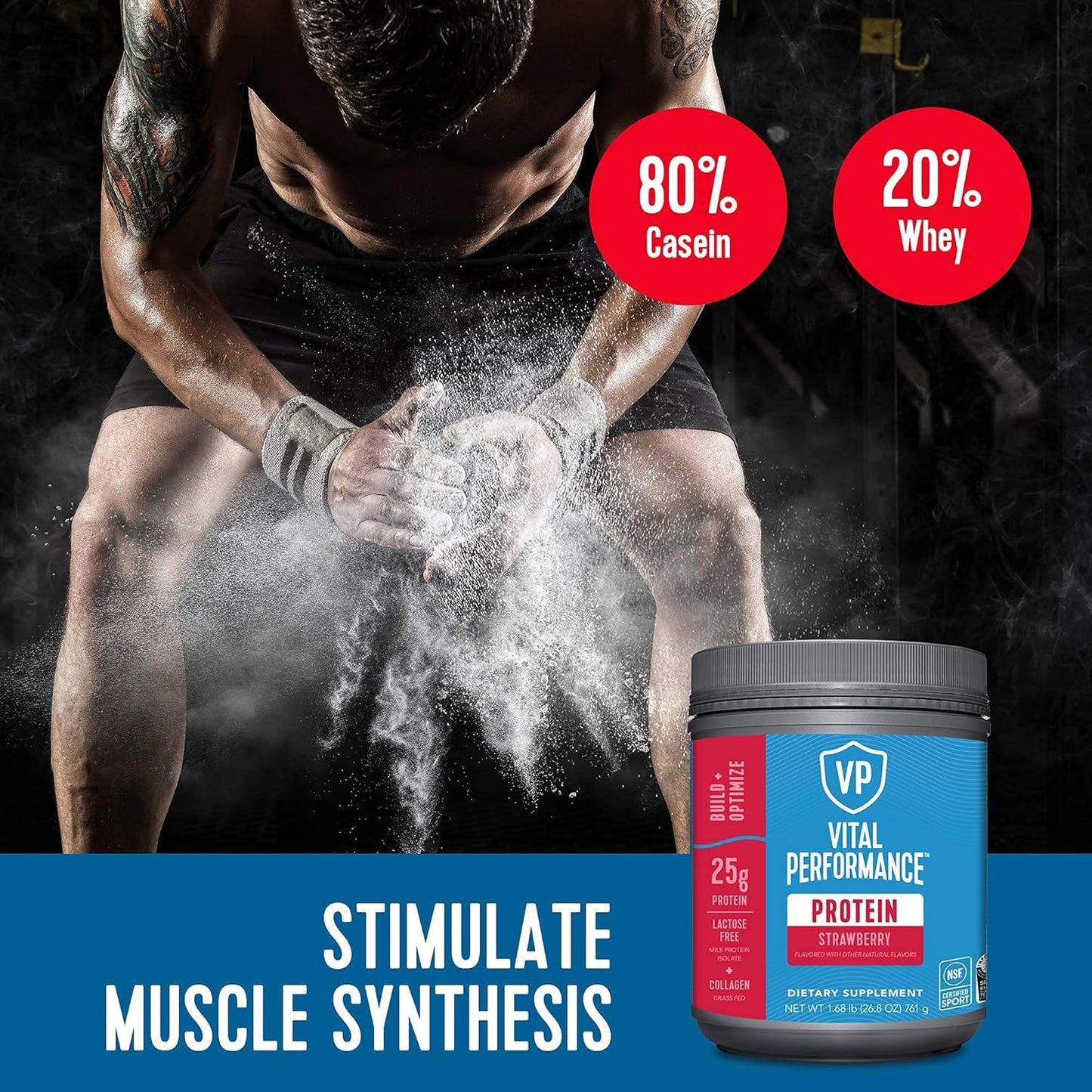 Strawberry Performance Protein Powder with 25g Milk Isolate Casein & Whey Blend, 10g Collagen Peptides, EAAs, BCAAs - Gluten-Free 1.68lb