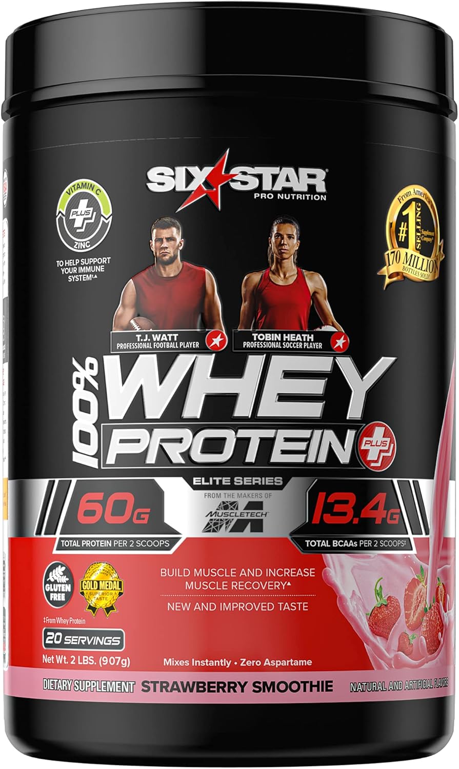 Strawberry Six Star Whey Protein Plus Powder with Immune Support, Isolate & Peptides - Muscle Builder for Gain & Recovery - 32 Oz - BoostGo Australia