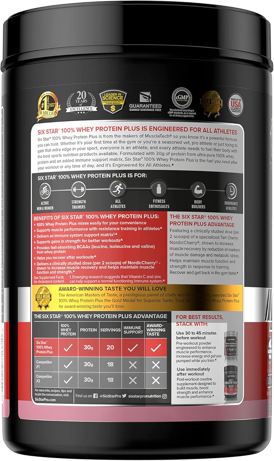 Strawberry Six Star Whey Protein Plus Powder with Immune Support, Isolate & Peptides - Muscle Builder for Gain & Recovery - 32 Oz - BoostGo Australia