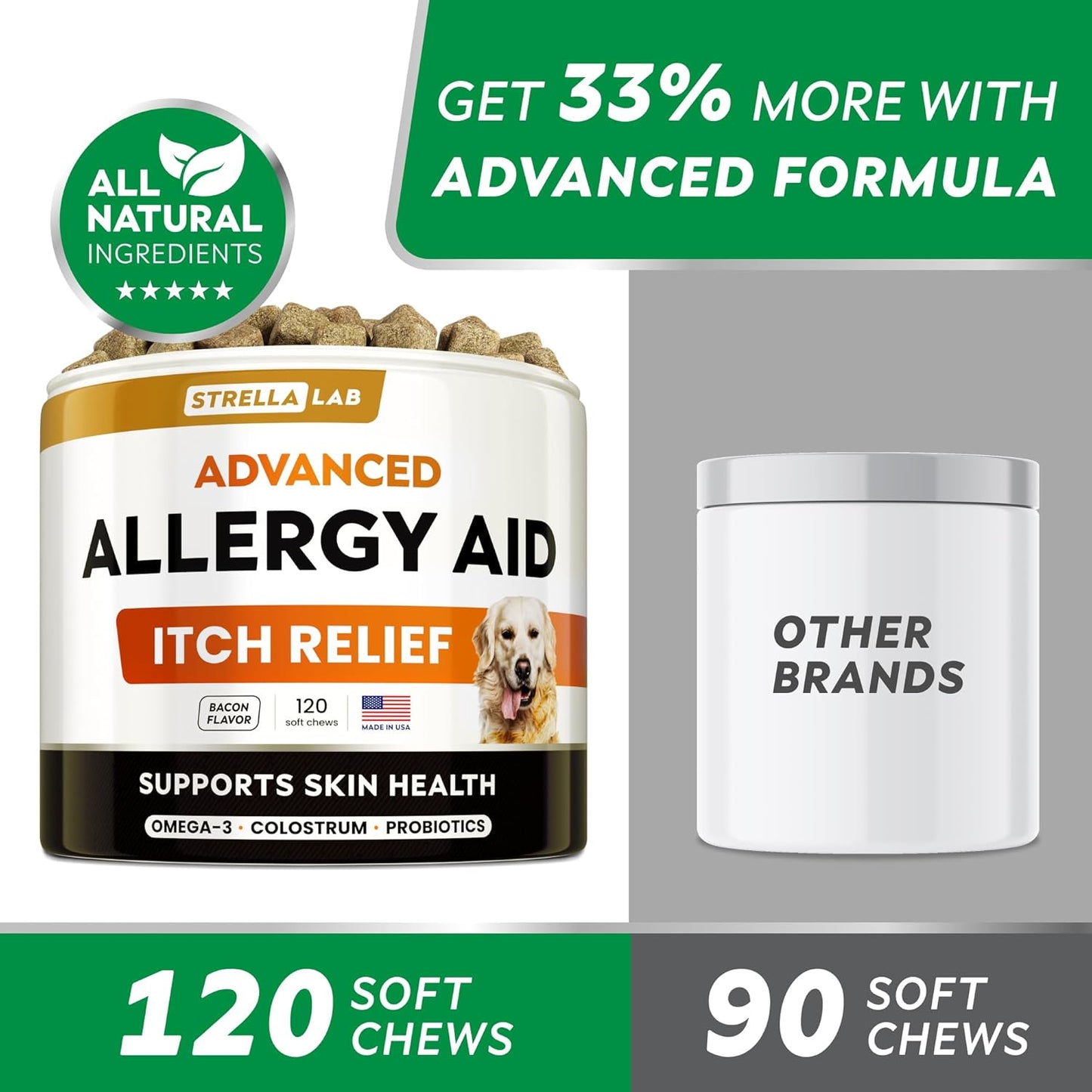StrellaLab Omega 3 Dog Allergy Relief Chews: Skin & Coat Immune Supplement with Real Ingredients - 120 Ct Made in USA