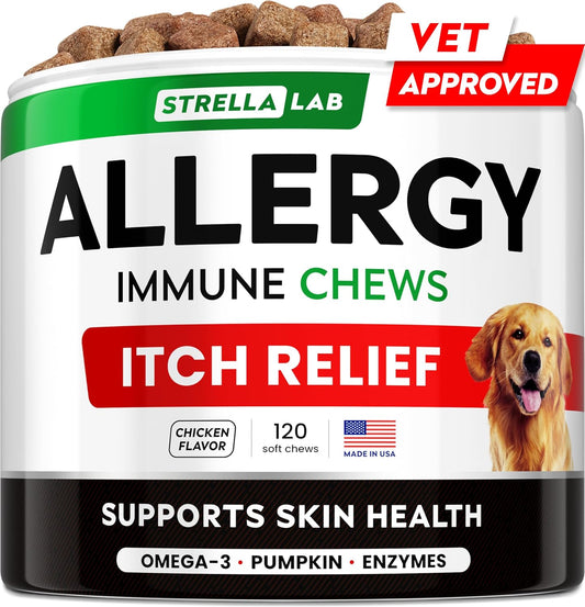 StrellaLab Omega 3 Dog Allergy Relief Chews with Real Ingredients - Skin & Coat Support Supplement - Made in USA - 120 Count