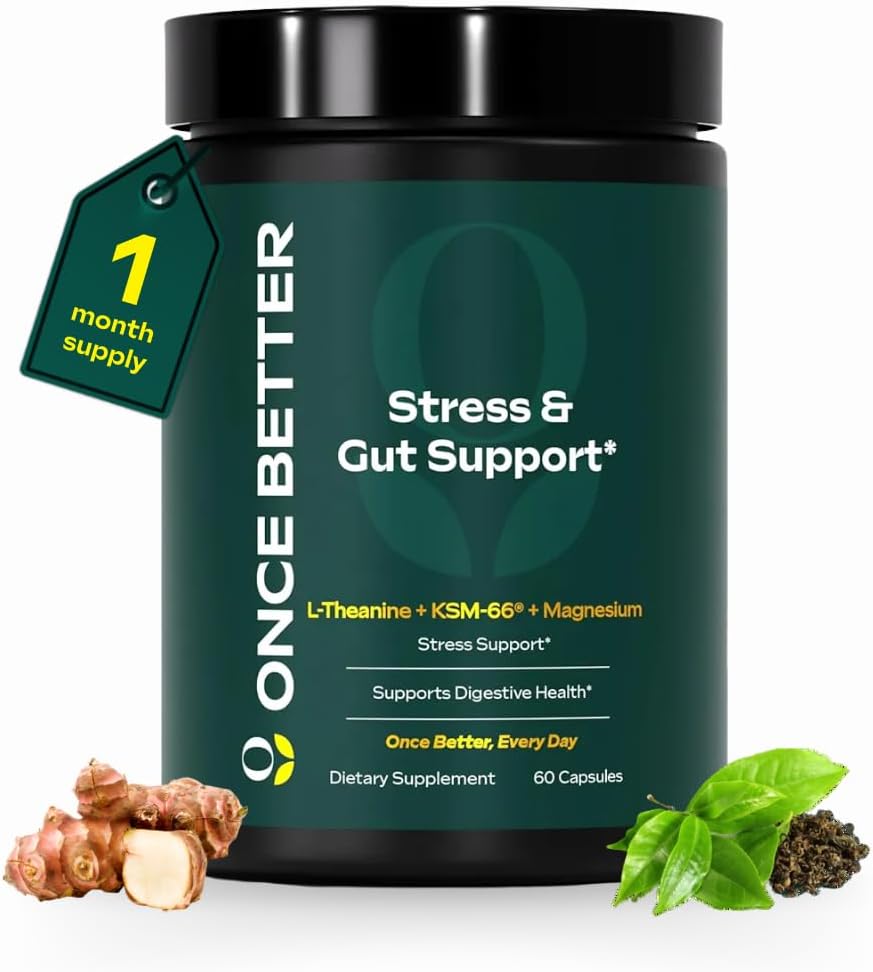 Stress & Gut Support Supplement with Ashwagandha, L-Theanine, Magnesium, Probiotics - 60 Capsules for Men & Women