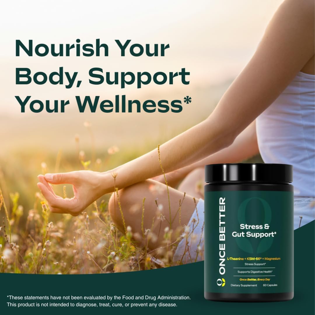 Stress & Gut Support Supplement with Ashwagandha, L-Theanine, Magnesium, Probiotics - 60 Capsules for Men & Women