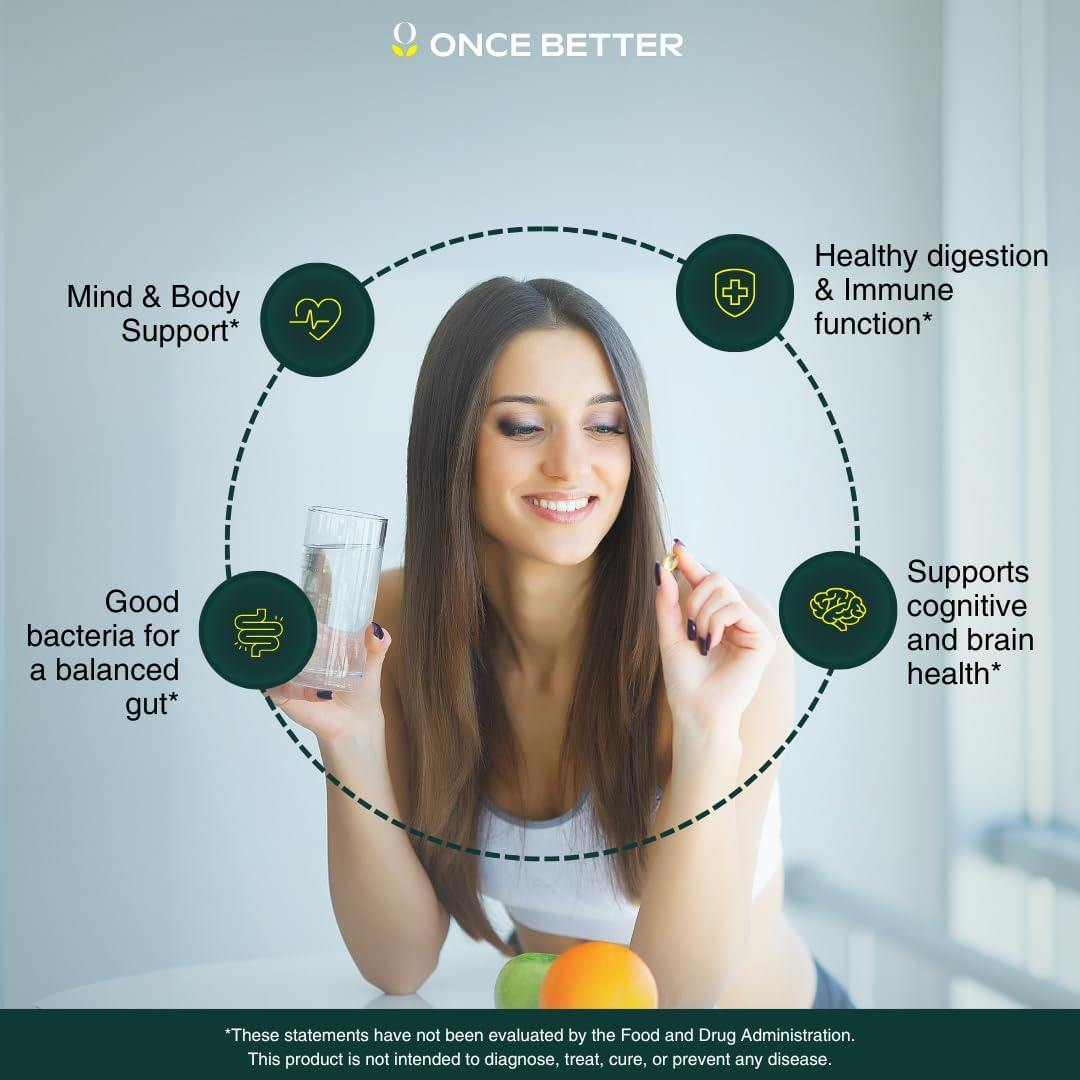 Stress & Gut Support Supplement with Ashwagandha, L-Theanine, Magnesium, Probiotics - 60 Capsules for Men & Women