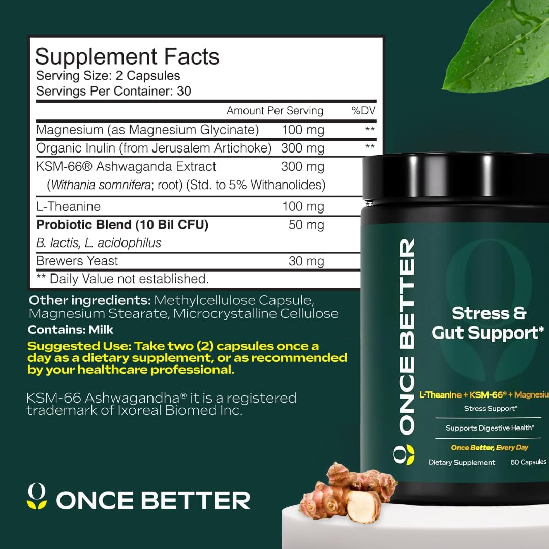 Stress & Gut Support Supplement with Ashwagandha, L-Theanine, Magnesium, Probiotics - 60 Capsules for Men & Women