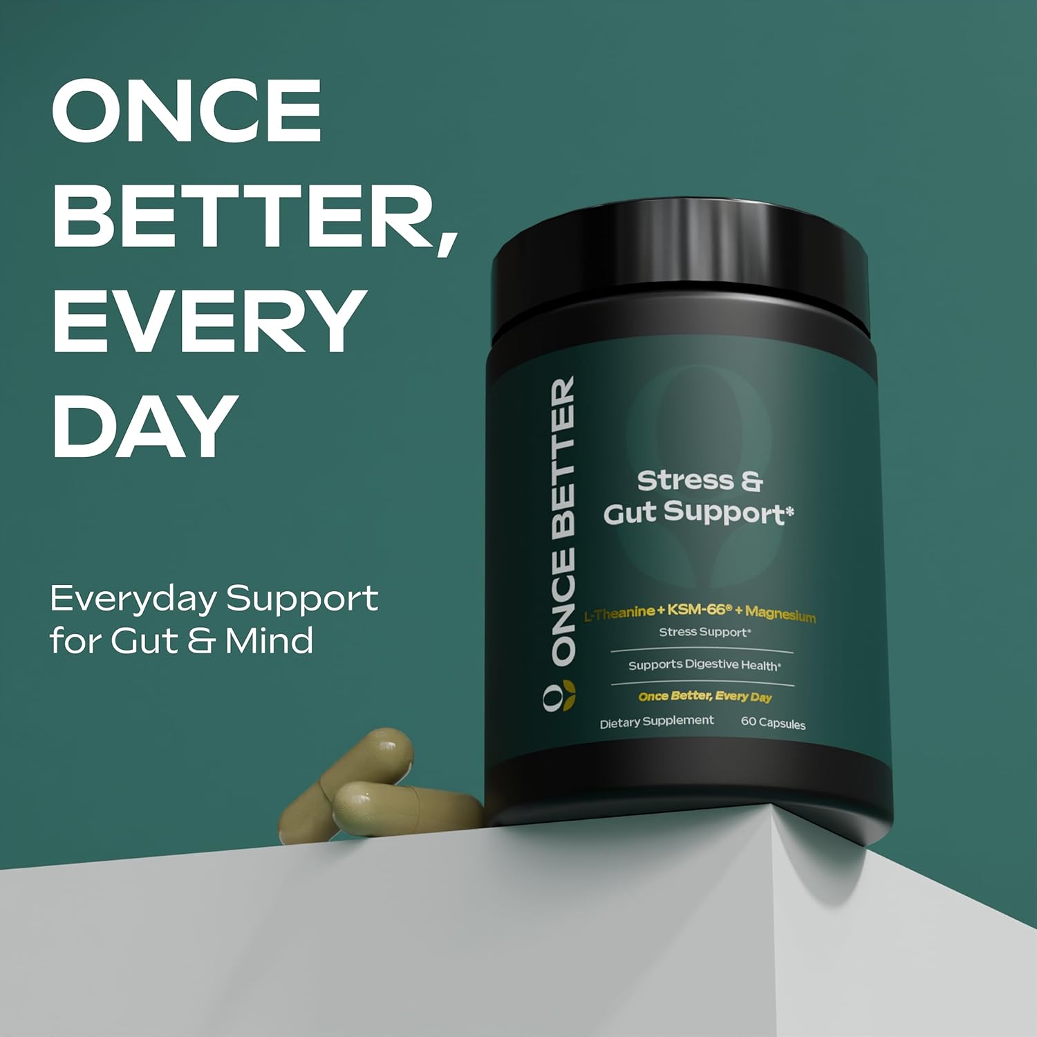 Stress & Gut Support Supplement with Ashwagandha, L-Theanine, Magnesium, Probiotics - 60 Capsules for Men & Women