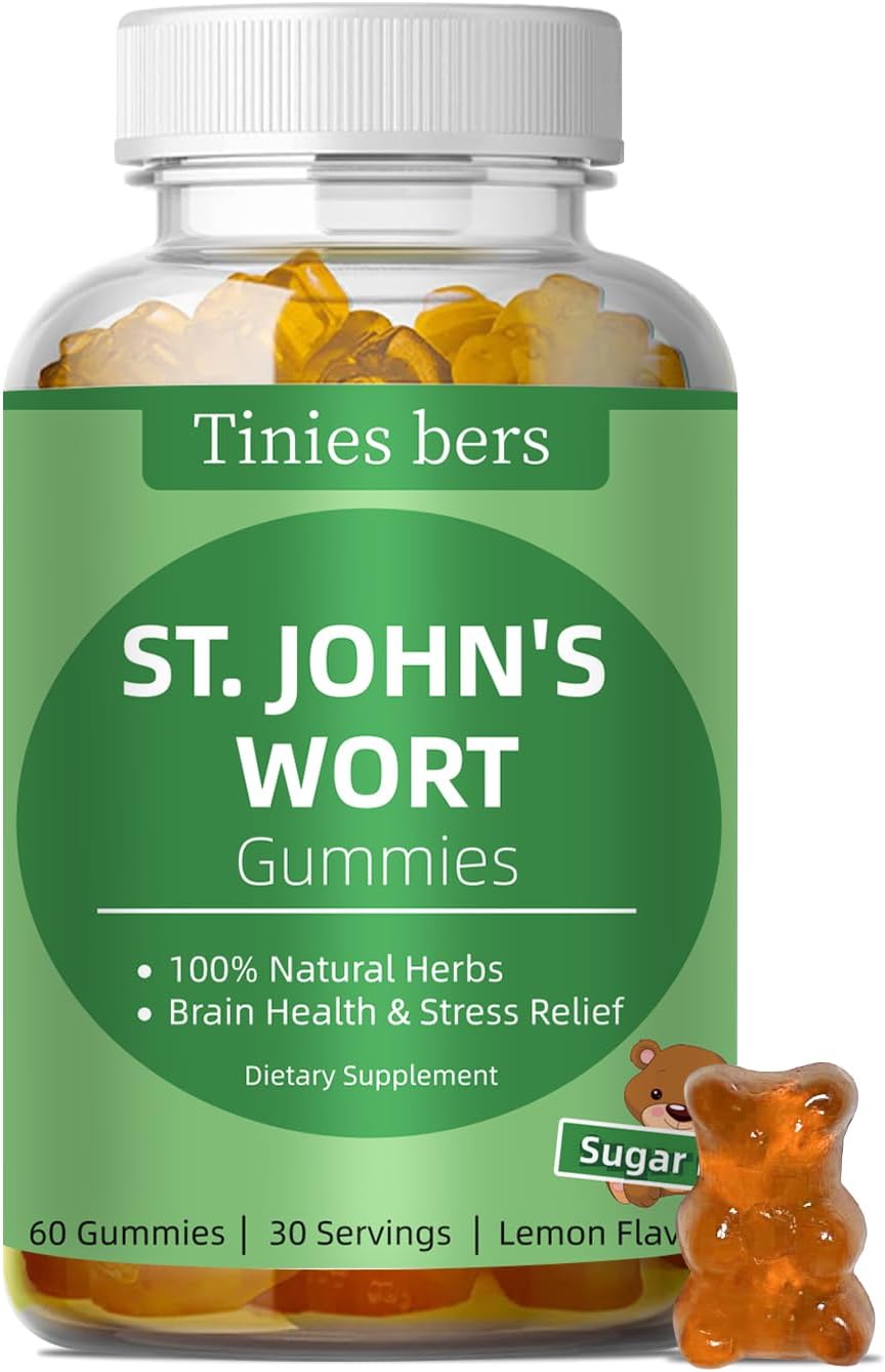 Stress Relief St John's Wort Gummies 500mg, Sugar-Free Brain Support for Adults & Kids - Non-GMO, Vegan, Gluten-Free Pectin Gummies (60 Count)