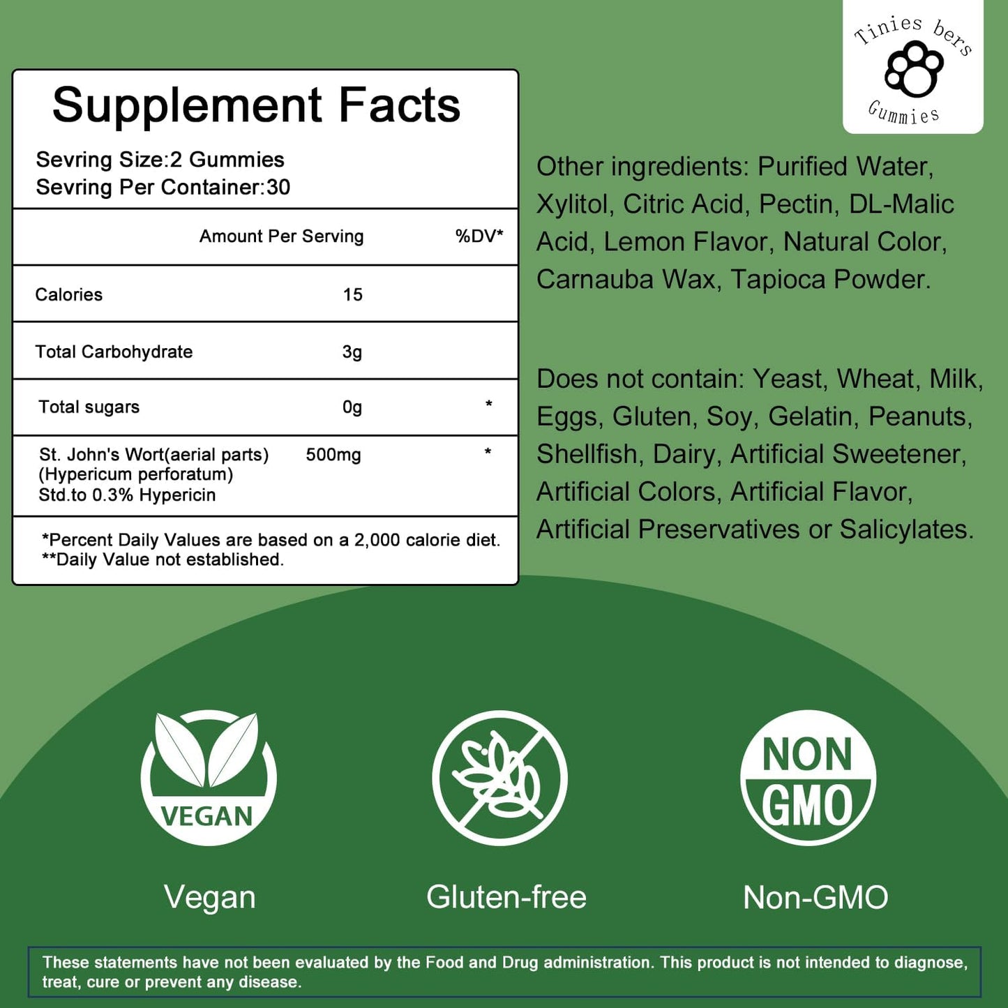 Stress Relief St John's Wort Gummies 500mg, Sugar-Free Brain Support for Adults & Kids - Non-GMO, Vegan, Gluten-Free Pectin Gummies (60 Count)