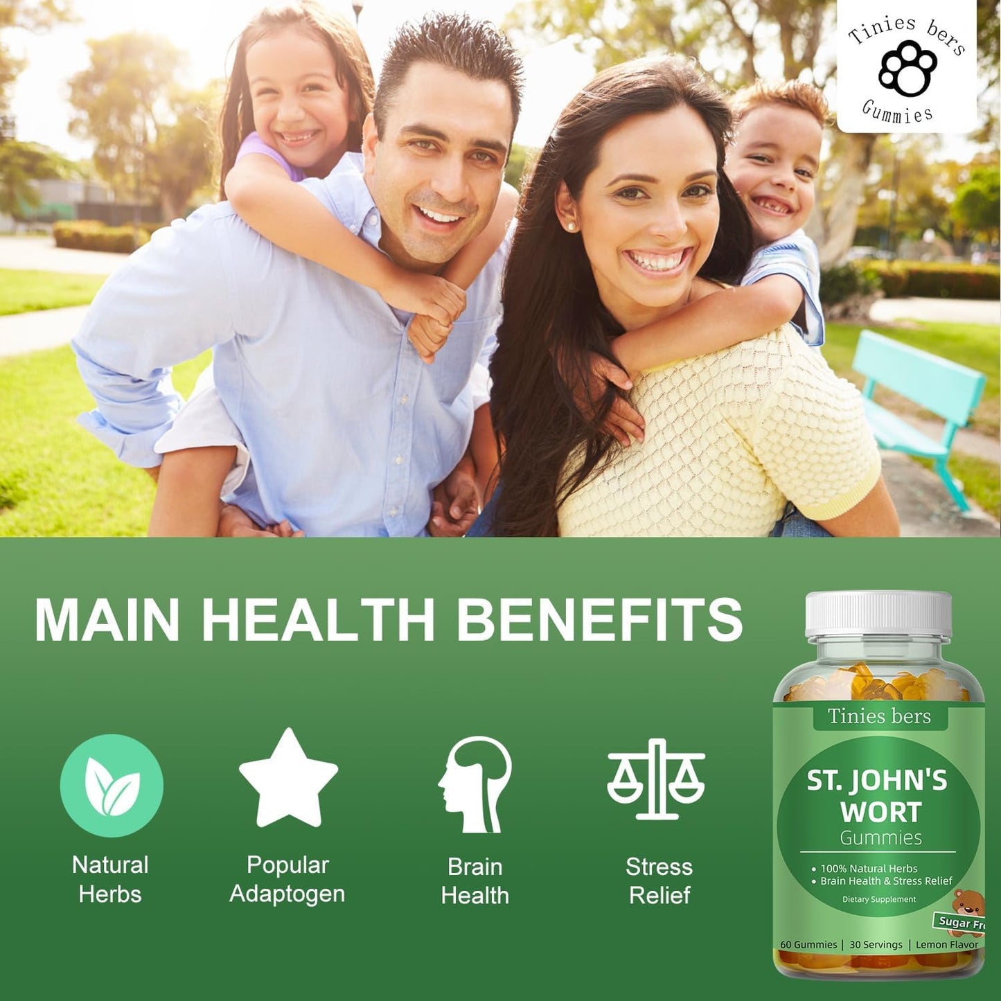 Stress Relief St John's Wort Gummies 500mg, Sugar-Free Brain Support for Adults & Kids - Non-GMO, Vegan, Gluten-Free Pectin Gummies (60 Count)