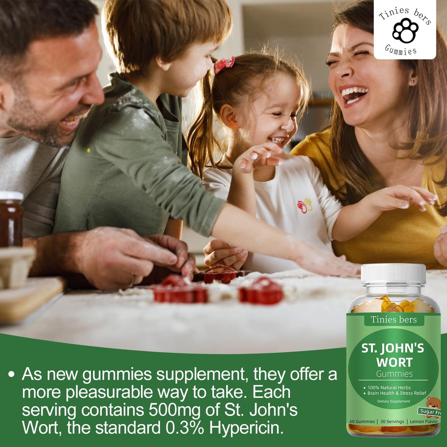 Stress Relief St John's Wort Gummies 500mg, Sugar-Free Brain Support for Adults & Kids - Non-GMO, Vegan, Gluten-Free Pectin Gummies (60 Count)