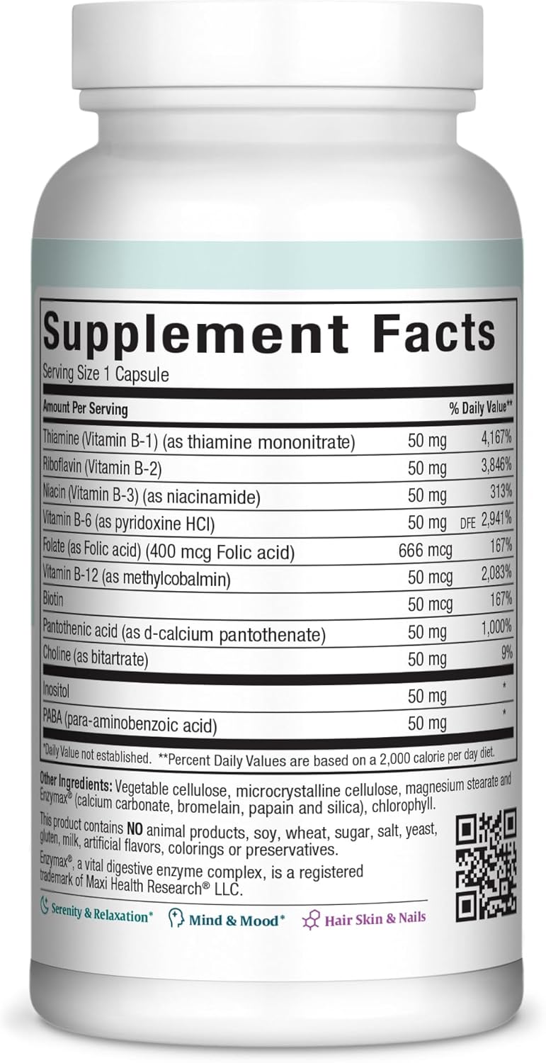 Stress Relief Vitamin B Complex 100 Count for Women & Men - B6, B12, Biotin, Inositol, Folate - Vegan, Gluten & Soy Free - Kosher