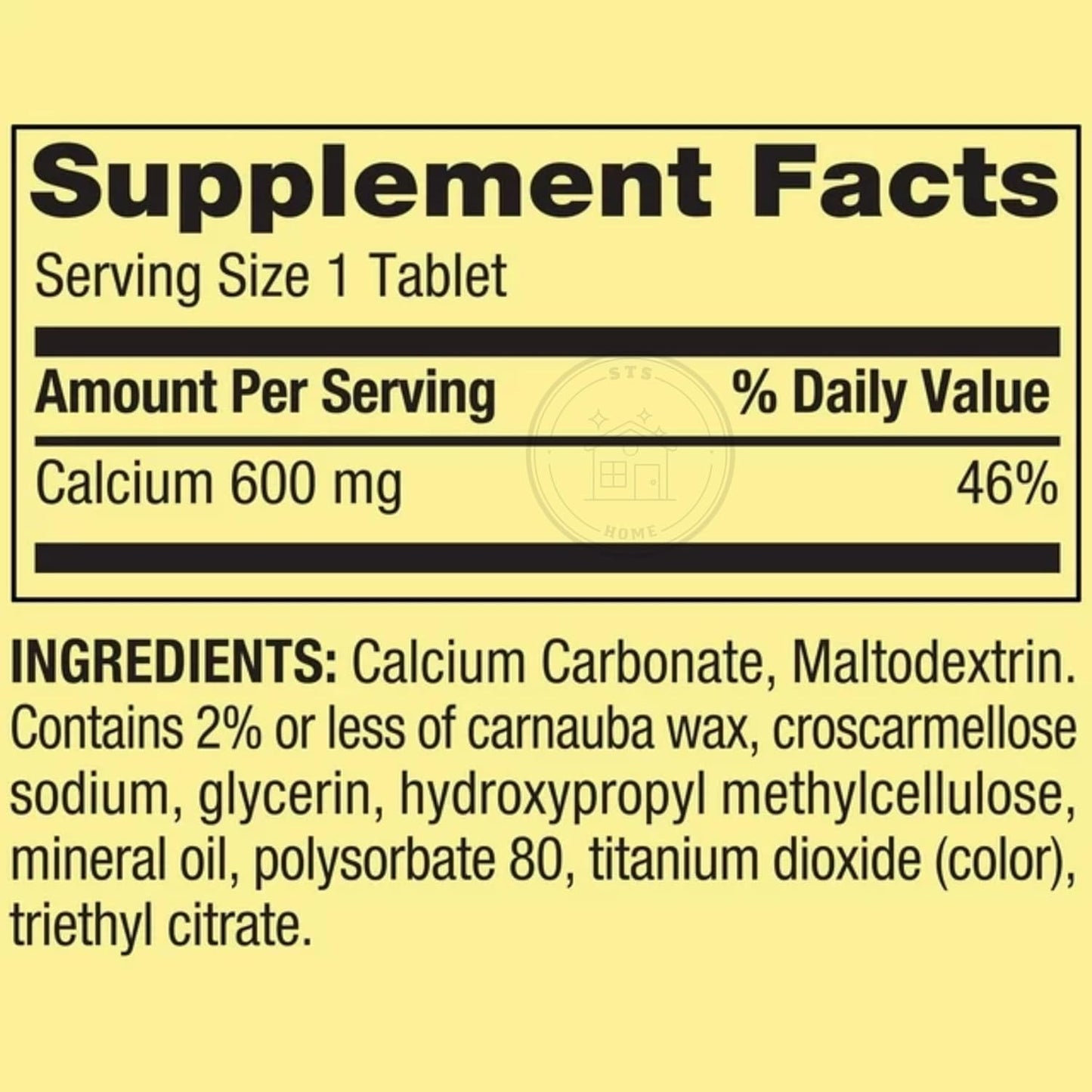 STS Home Spring Valley Calcium 600 mg Tablets with STS Sticker - 100 Count Bottle