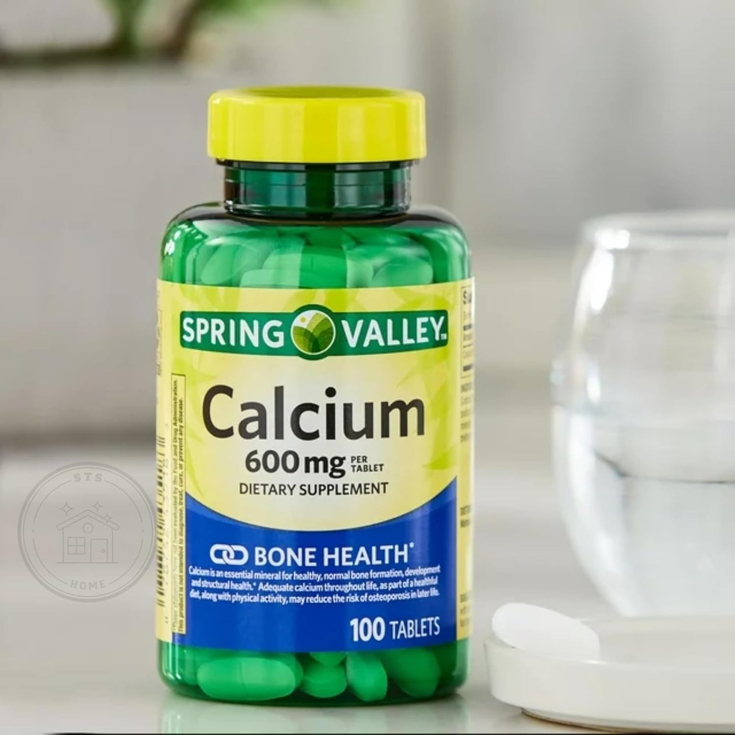 STS Home Spring Valley Calcium 600 mg Tablets with STS Sticker - 100 Count Bottle