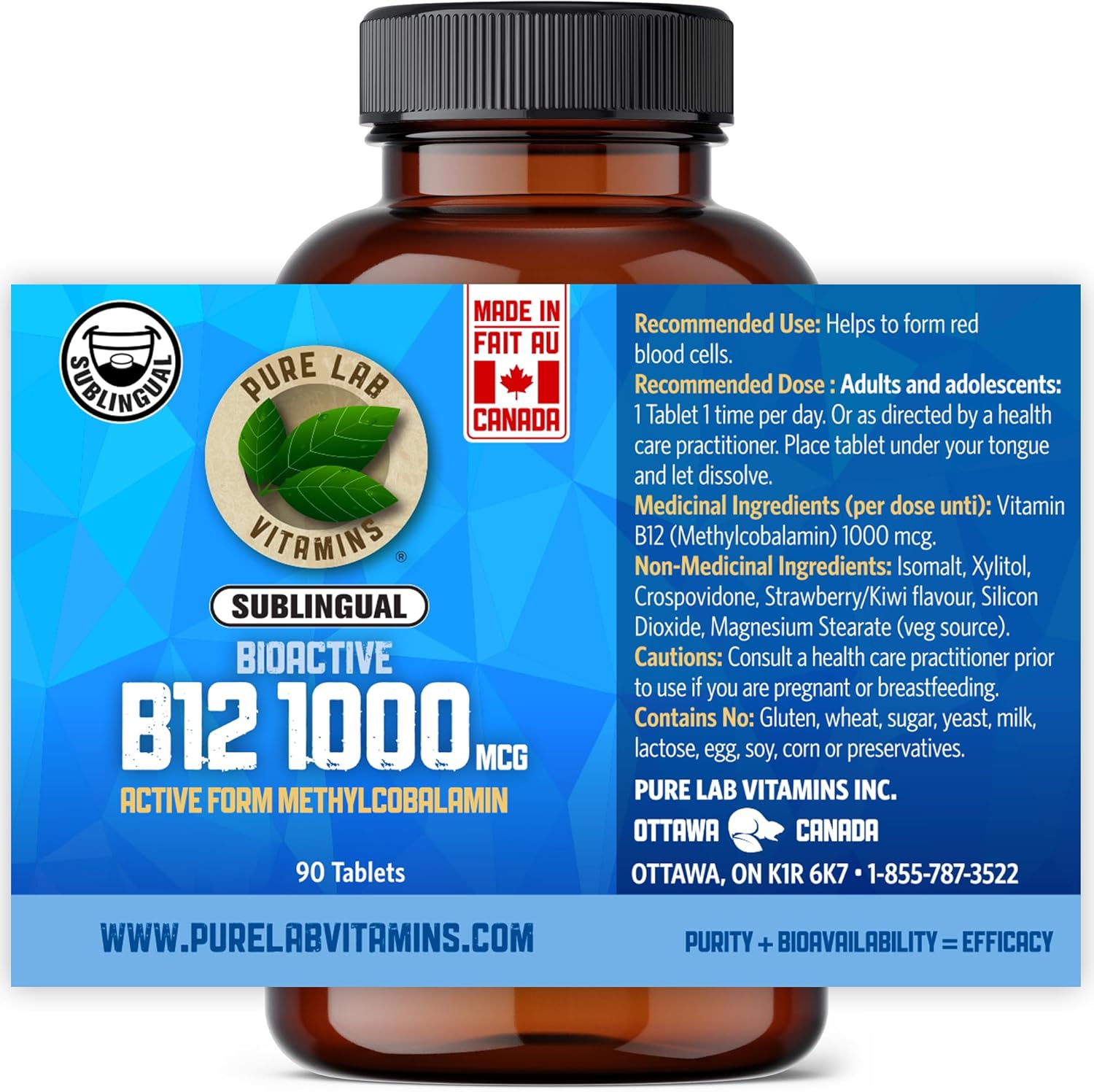 Sublingual Bioactive B12 1000mcg Tablets for Vitamin B12 Deficiency - Methylcobalamin Formula for Nervous System Support
