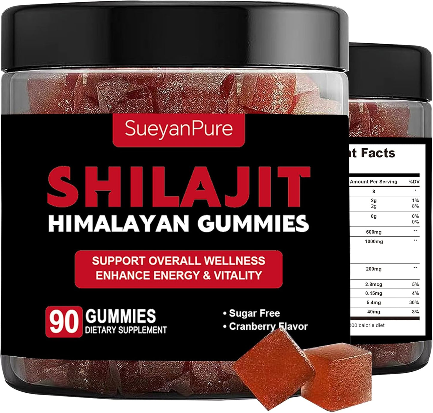 SueyanPure Himalayan Shilajit Gummies with Ashwagandha, Black Seed Oil, Fulvic Acid & Minerals for Cognitive, Mood, Immunity, Energy - 90 Gummy