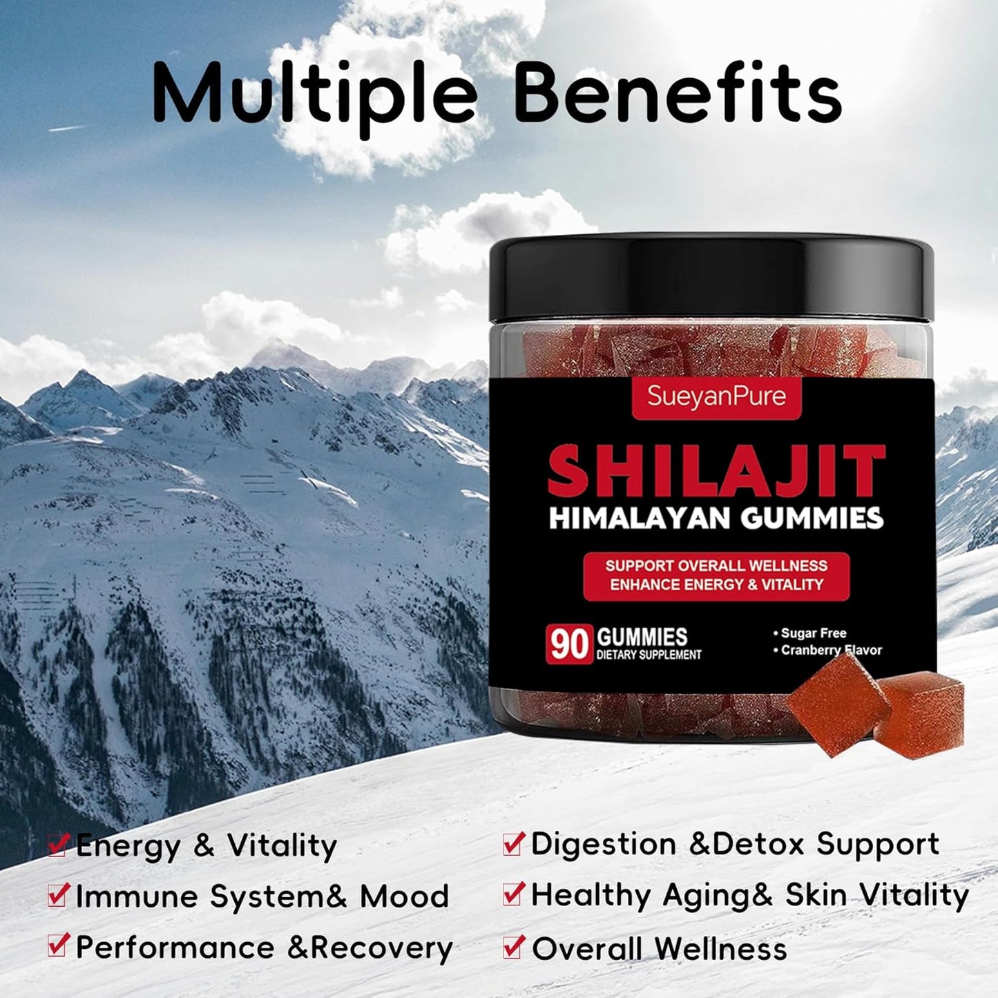 SueyanPure Himalayan Shilajit Gummies with Ashwagandha, Black Seed Oil, Fulvic Acid & Minerals for Cognitive, Mood, Immunity, Energy - 90 Gummy