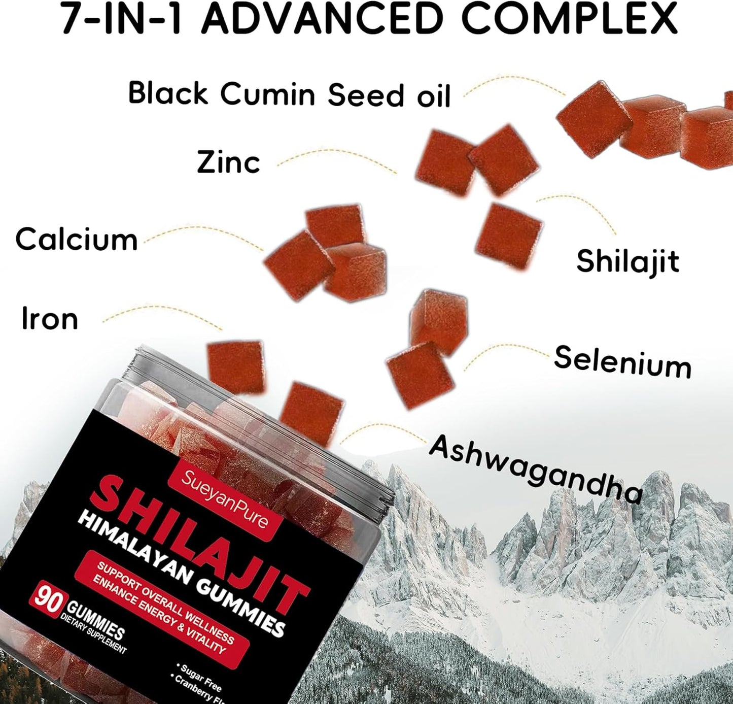 SueyanPure Himalayan Shilajit Gummies with Ashwagandha, Black Seed Oil, Fulvic Acid & Minerals for Cognitive, Mood, Immunity, Energy - 90 Gummy