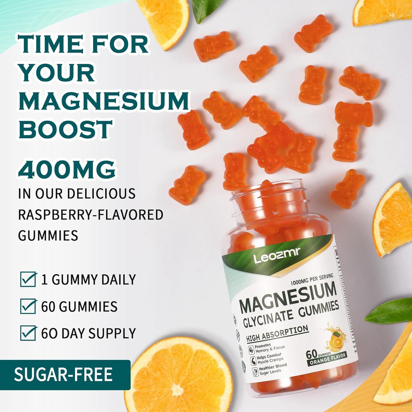 Sugar-Free 1000mg Magnesium Glycinate Gummies with Vitamin D, B6, CoQ10 - Orange Flavored Supplement for Calm Mood & Sleep Support - 120 Gummies