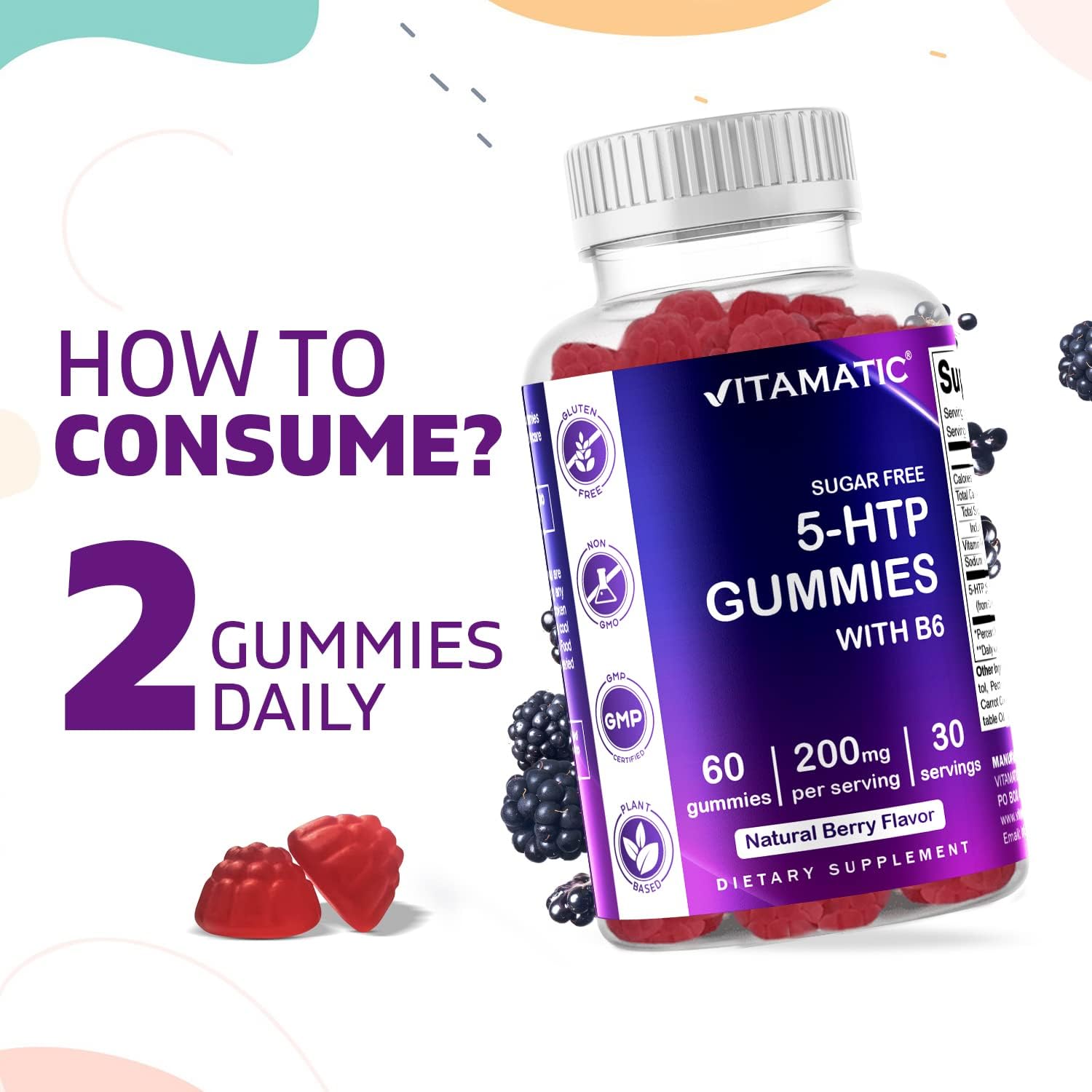 Sugar-Free 5-HTP Gummies with B6 - 60 Pectin-Based Gummies, 200mg per Serving
