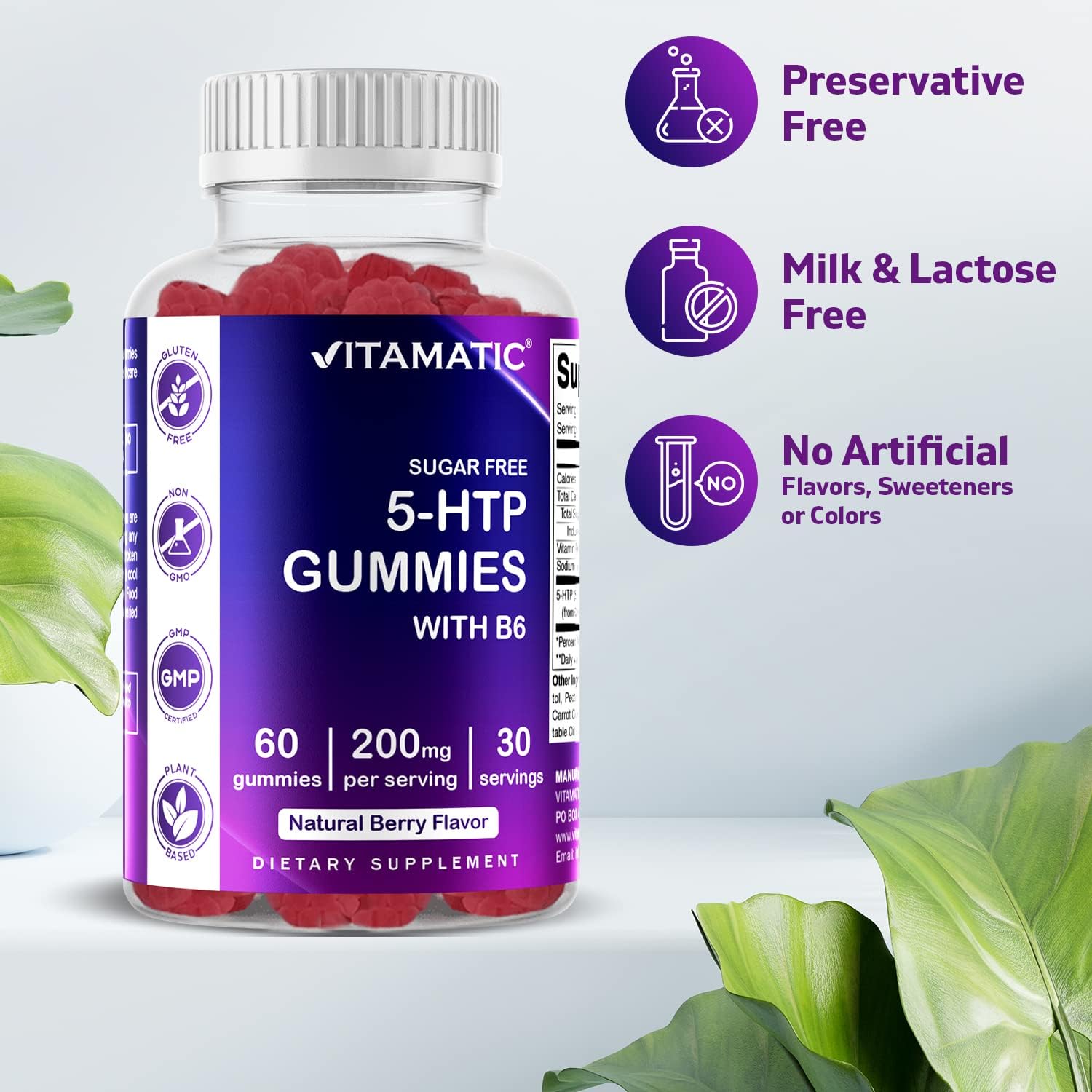 Sugar-Free 5-HTP Gummies with B6 - 60 Pectin-Based Gummies, 200mg per Serving