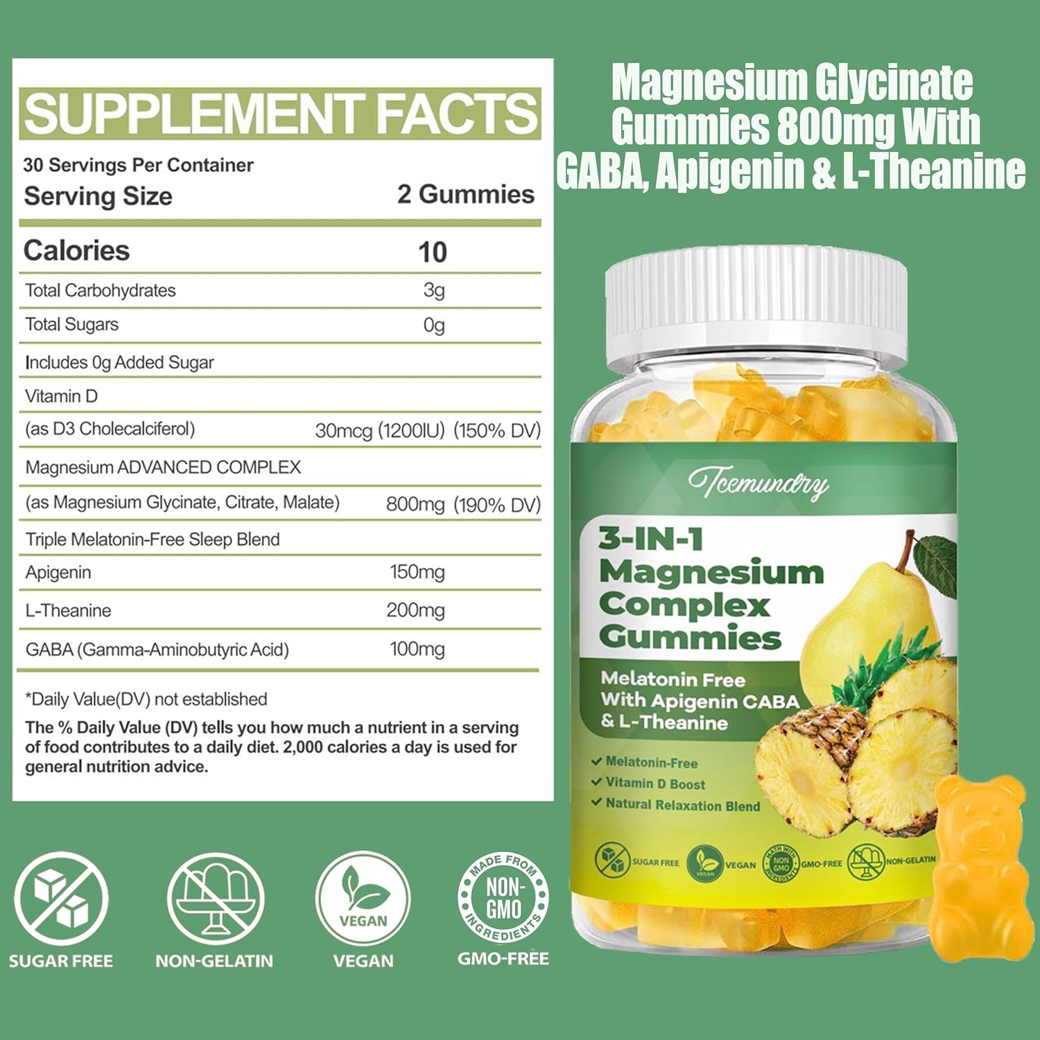 Sugar Free 800mg Triple Magnesium Complex Gummies with GABA & L-Theanine - Memory, Muscle, Energy Support for Adults & Kids