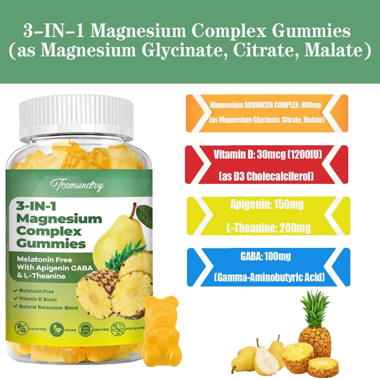 Sugar Free 800mg Triple Magnesium Complex Gummies with GABA & L-Theanine - Memory, Muscle, Energy Support for Adults & Kids