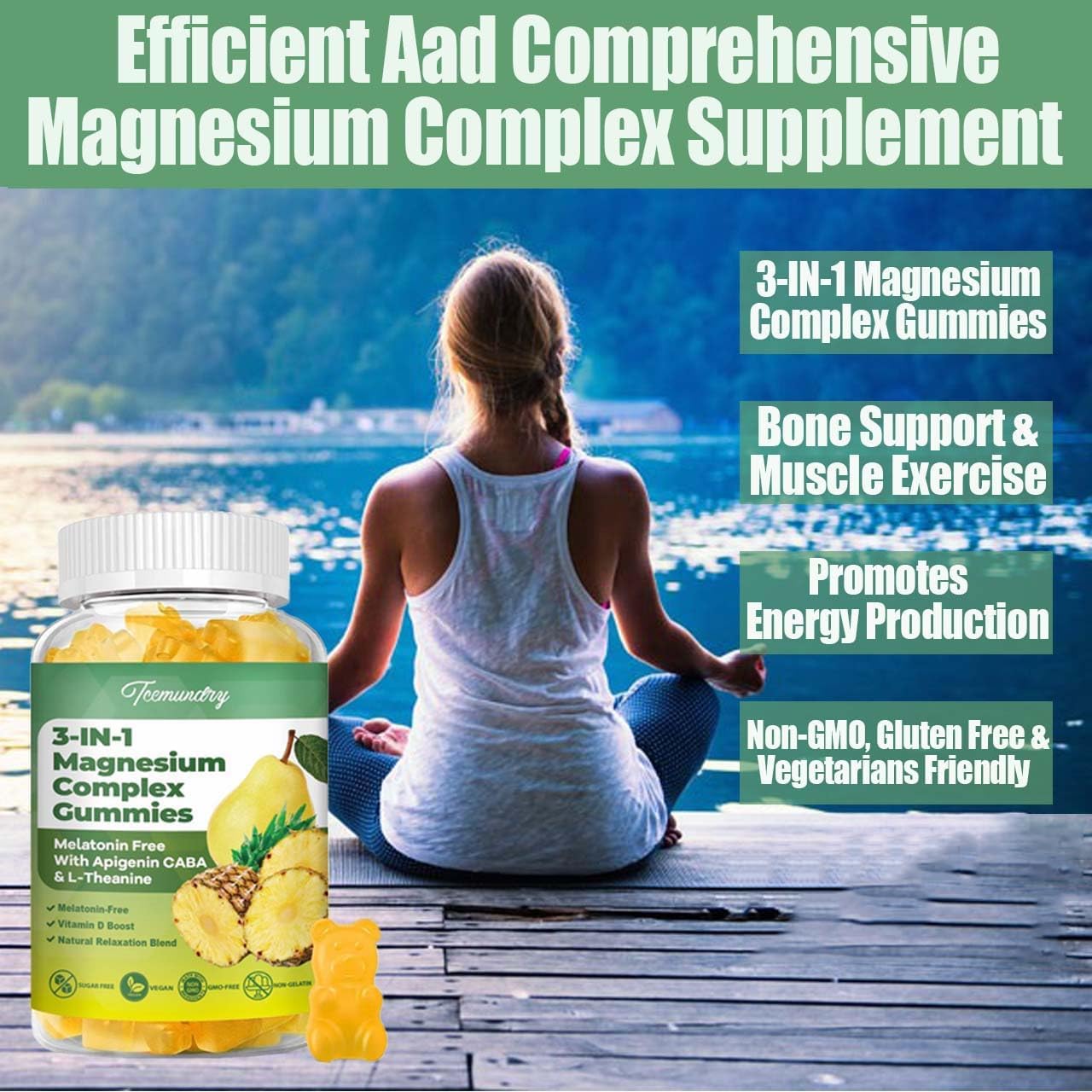 Sugar Free 800mg Triple Magnesium Complex Gummies with GABA & L-Theanine - Memory, Muscle, Energy Support for Adults & Kids