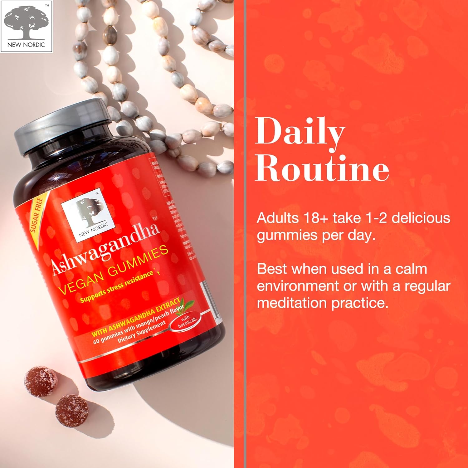 Sugar-Free Ashwagandha Gummies - 300mg Extract - Adaptogens for Men & Women - Mango Peach Flavor - 60 Count