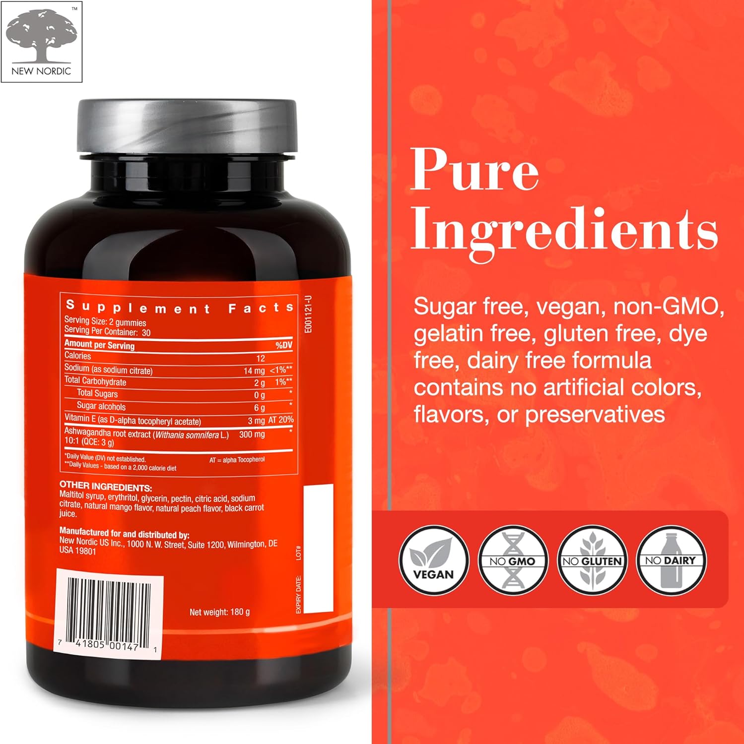 Sugar-Free Ashwagandha Gummies - 300mg Extract - Adaptogens for Men & Women - Mango Peach Flavor - 60 Count