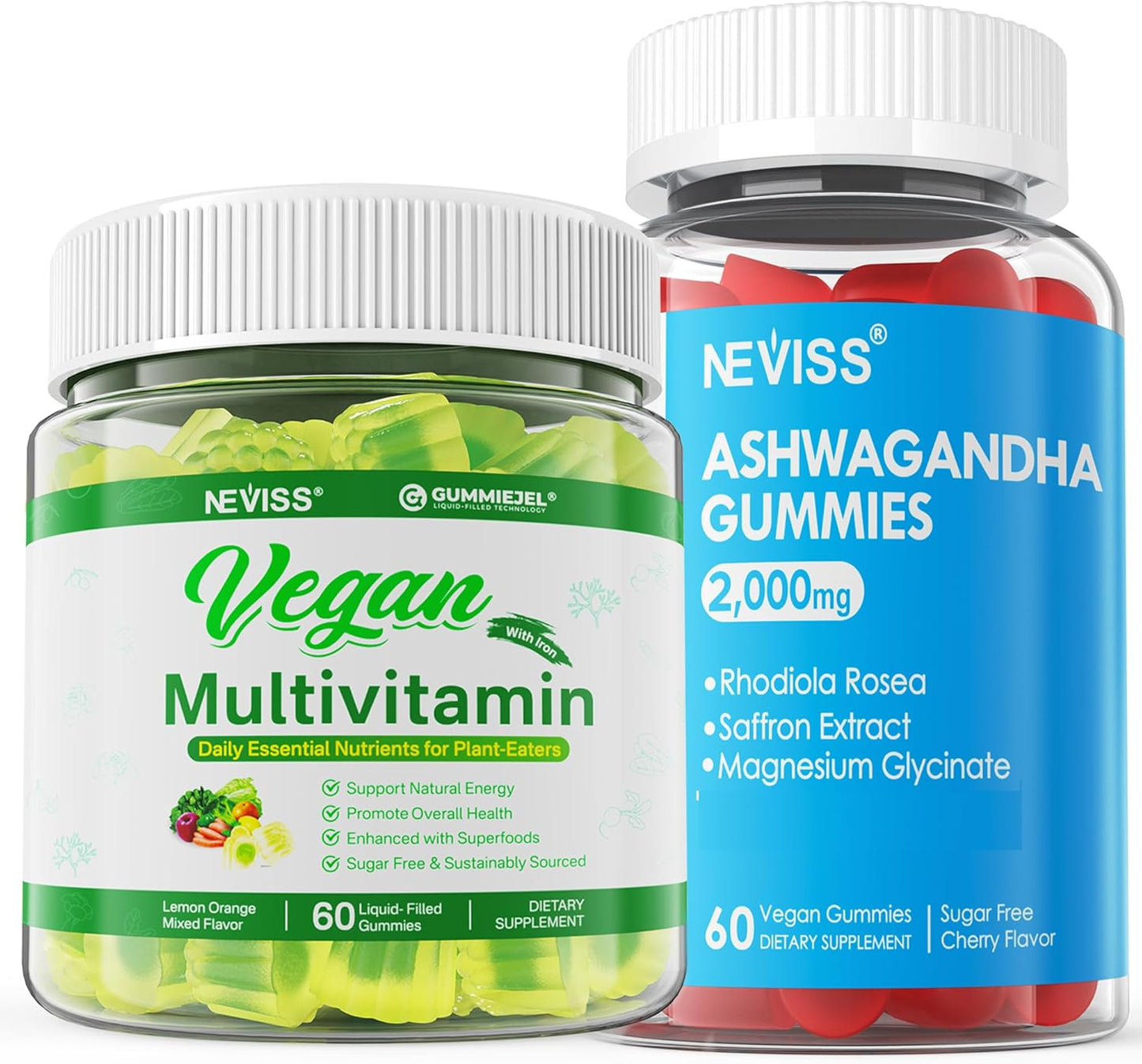 Sugar Free Ashwagandha Gummies 2000mg with Vegan Multivitamin - NEVISS